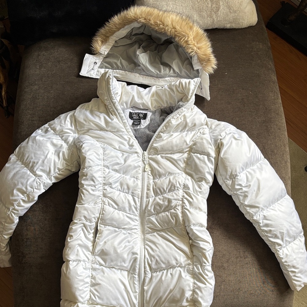 Mountain Hardwear White Winter Coat with Faux Fur Trim